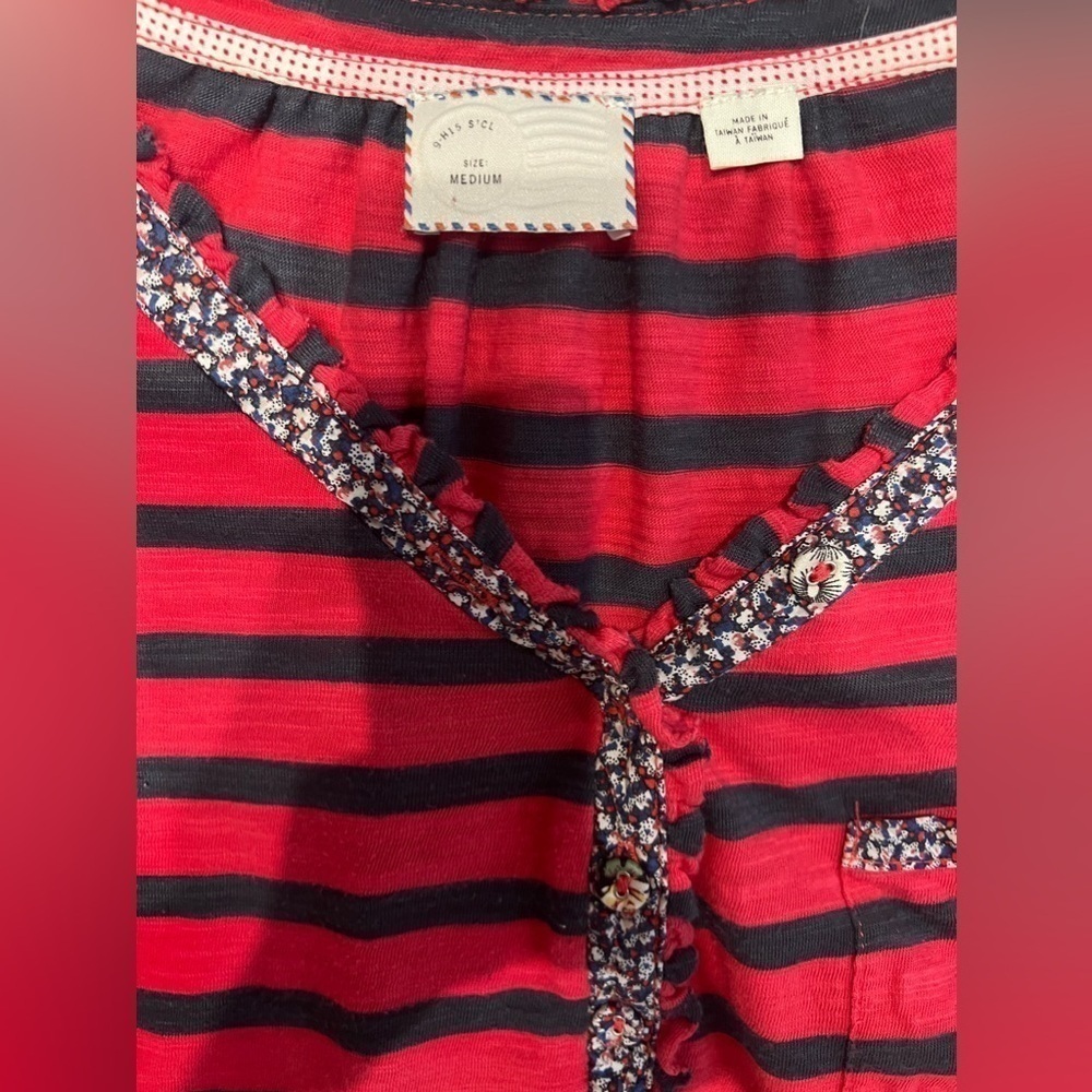 Anthropologie Postmark red and blue stripe floral trim henley top, size medium - Picture 8 of 9